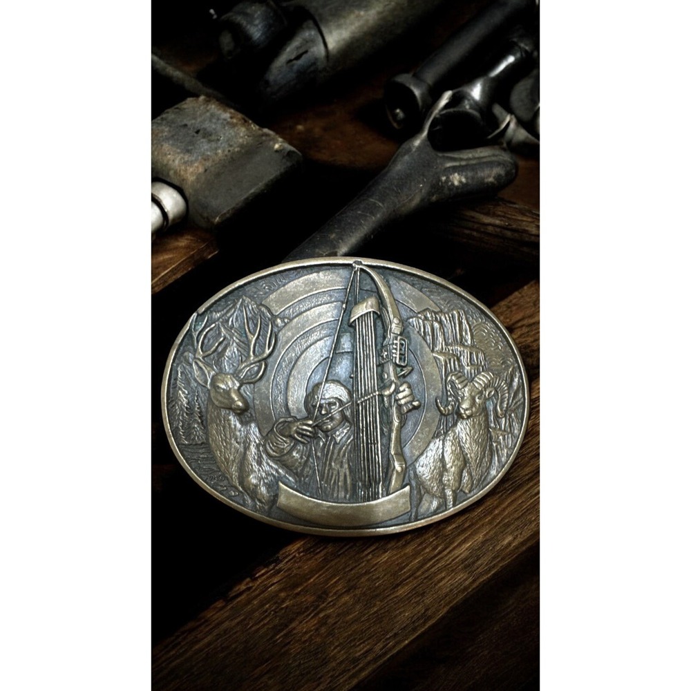 Solid Brass Compound Bow Hunter Archery Deer Sheep Ram ADM Vintage Belt Buckle